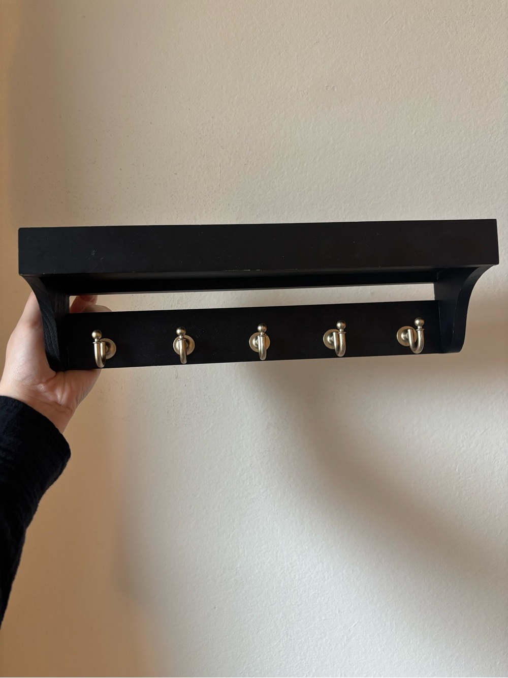 Black Wall Shelf with 5 Brass Hooks
